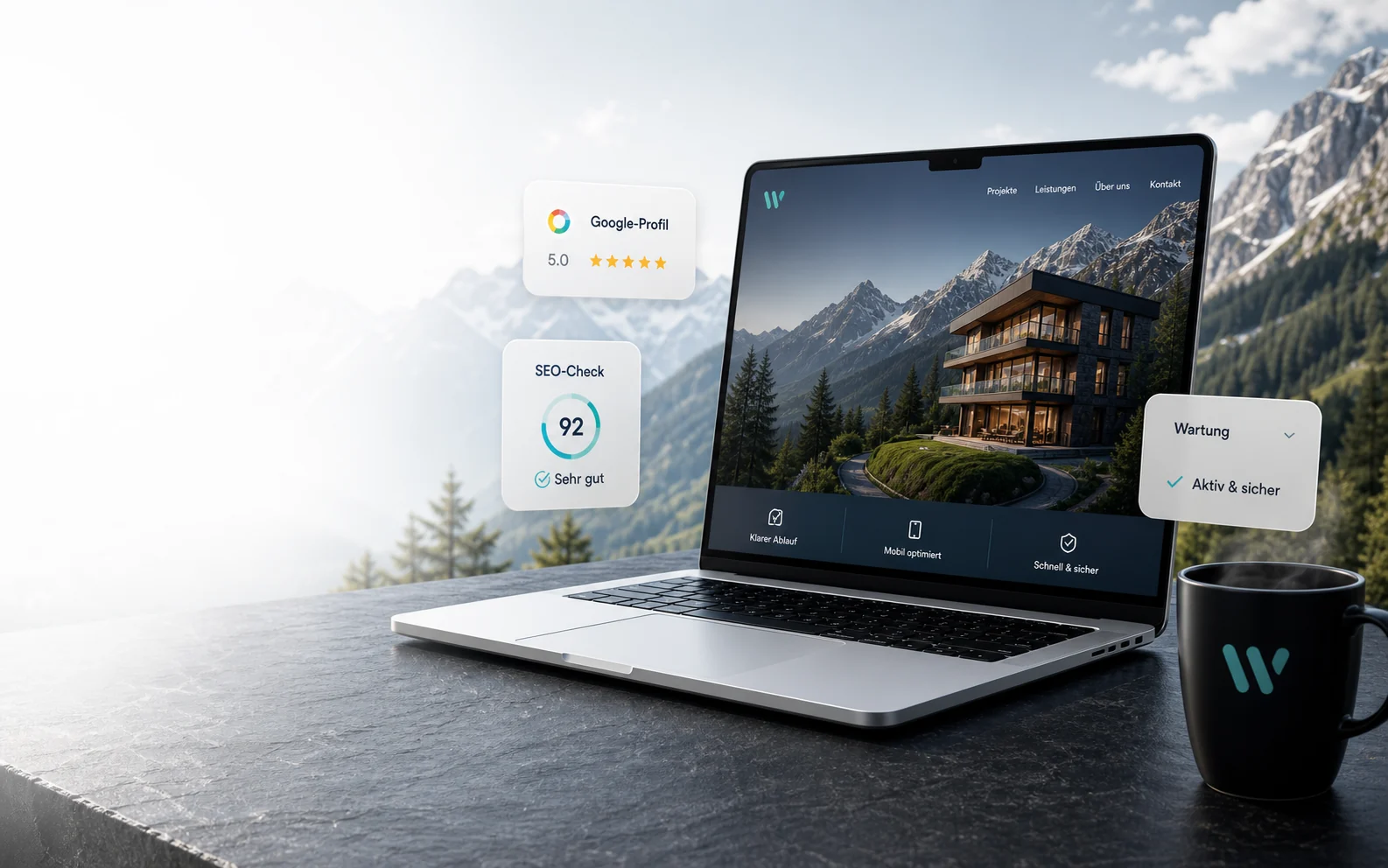 Fotorealistisches Webavio Website-Mockup mit Laptop, Bergen, Tasse und schwebenden SEO-Karten